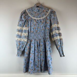 NEW Hunter Bell Blue Ditsy Floral Ryan High Neck Smocked Mini Dress Size Small